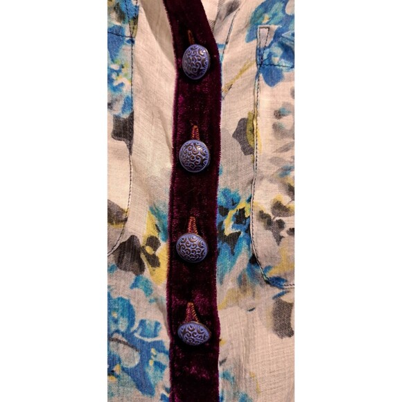 Aratta Silent Journey Blue Purple Floral Scarf Back Blouse Size M Velvet trim - Picture 3 of 14